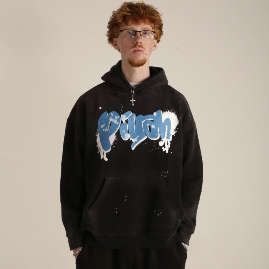 BLACK OVERSIZED GRAFFITI WASHED HOODIE